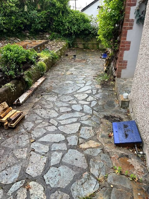 The same run before the work: old crazy paving, wet, with pallets and a board on the ground.