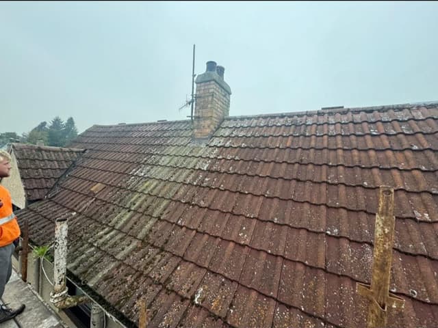 A roof slope photographed from the scaffold, with the eaves and gutter line running along the bottom of the frame.