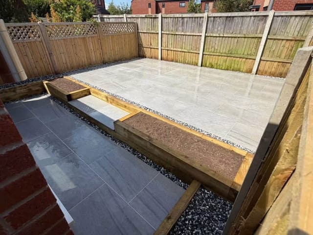 A finished patio in light and dark porcelain with a timber sleeper edge and a gravel margin, inside a new close board fence.